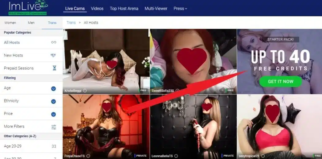 imlive landing page with transgender cams